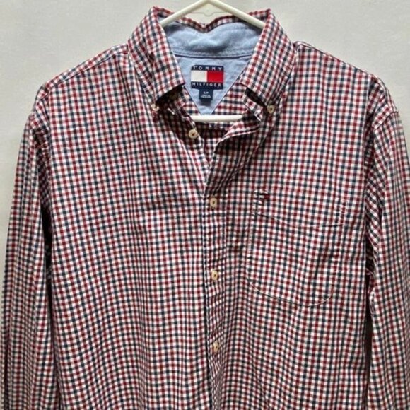 Tommy Hilfiger Shirt Men's Small Red White Blue Plaid Long Sleeve Button Up EUC - Picture 2 of 13